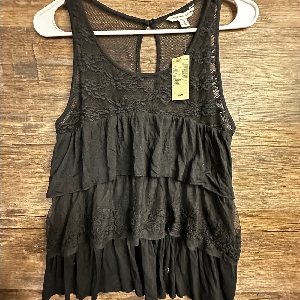 American Eagle Outfitters Black Sleeveless Tiered Lace Tank Top